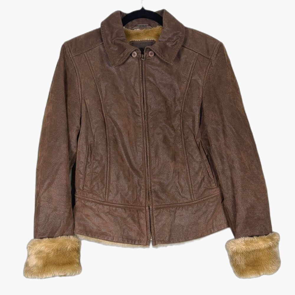 Brandon Thomas Leather Jacket M Brown Shearling Lined Zip Coat Women